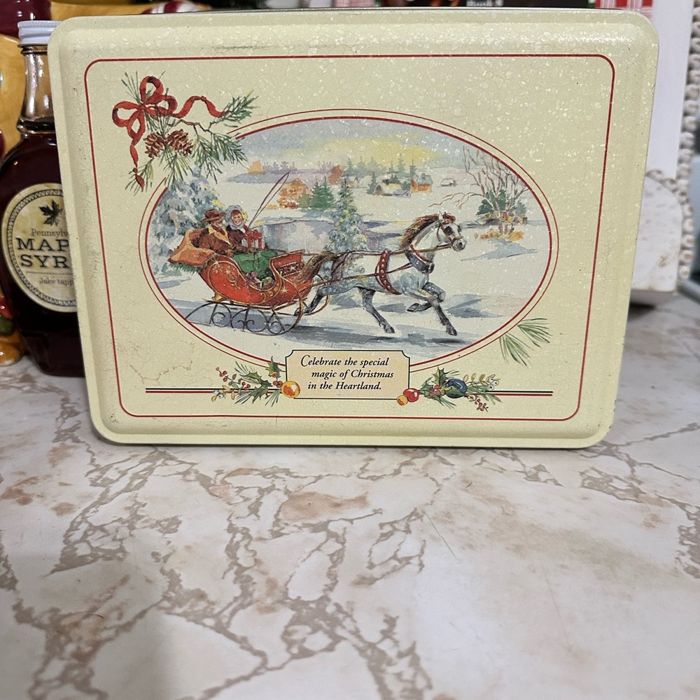 Vintage Christmas Tin with Horse and Sleigh Design